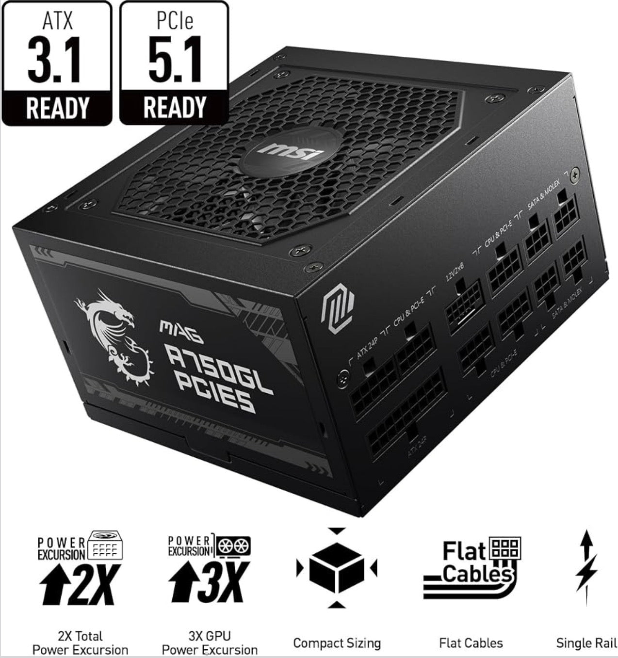 MSI MAG A750GL PCIE5 750W Fully Modular PSU – 80+ Gold, ATX 3.1/PCIe 5.1 – TESTED, Powers On!