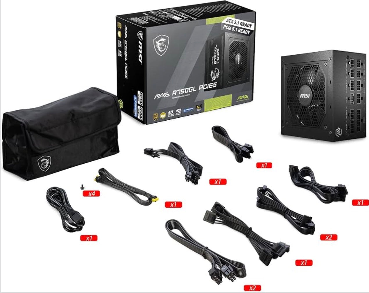 MSI MAG A750GL PCIE5 750W Fully Modular PSU – 80+ Gold, ATX 3.1/PCIe 5.1 – TESTED, Powers On!