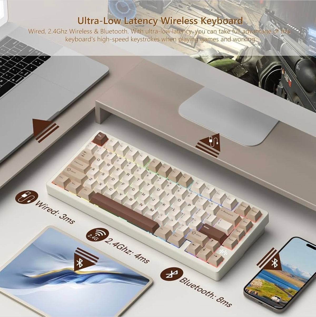 Womier RD75Pro 75% Wireless Mechanical Gaming Keyboard QMK/VIA Hot Swappable RGB, Milk White, Brand New